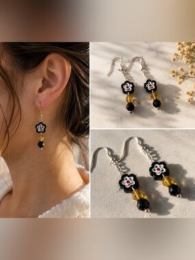 Floral Black and Gold Dangle Earrings